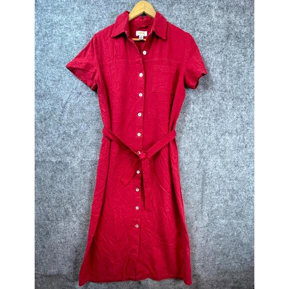 Vintage Talbots Shirt Dress Womens 10 Red Linen Button Front 80s 90s Summery - Picture 1 of 6